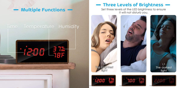 Reloj despertador digital meross con 3 alarmas y 3 niveles de brillo oferta en Amazon