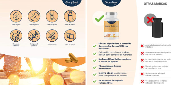 Envase x90 cápsulas Cúrcuma 11.000 mg GloryFeel chollo en Amazon