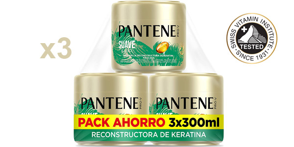 Pack x3 Mascarilla reconstructora de keratina Pantene Suave & Liso de 300 ml/ud barato en Amazon