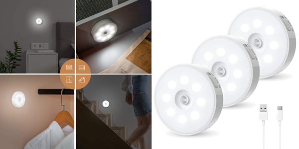 Pack x3 Luces LED recargables por USB Muson con sensor de movimiento y luz baratas en Amazon