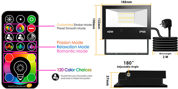 Foco LED RGB Hekee IP66 de 120 colores y 4.000 lm barato