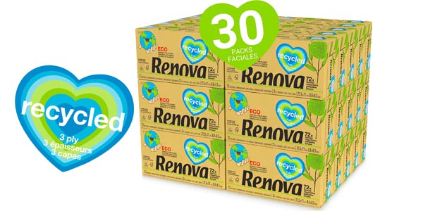 Pack x30 cajas de pañuelos faciales ecológicos de 3 capas Renova Recycled de 72 pañuelos/ud (2160 total) barato en Amazon