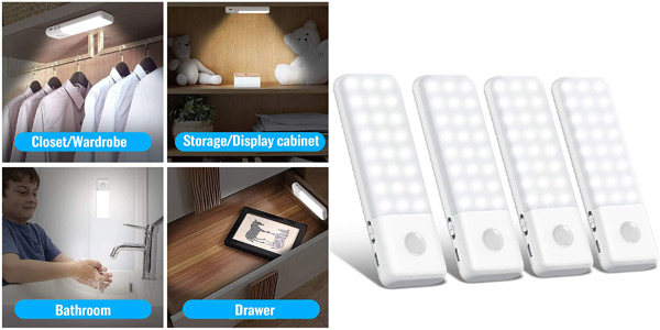Pack x4 Luces 48 LED nocturnas o de armario Trswyop con sensor de movimiento y carga USB barato en Amazon