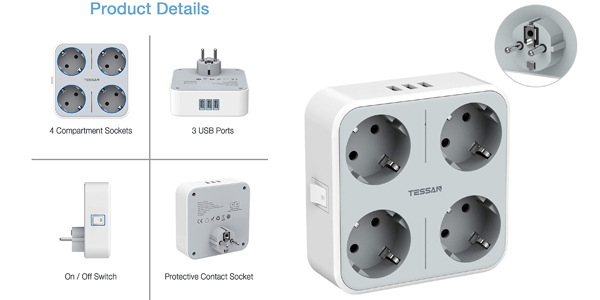 Enchufe múltiple 7 en 1 Tessan con 4 tomas de corriente y 3 puertos de carga USB con interruptor barato en Amazon