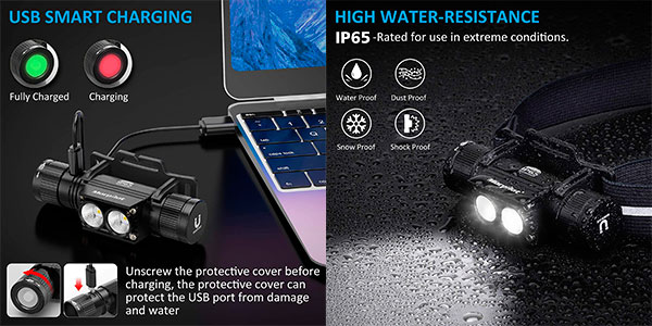 Set de 2 linternas frontales Morpilot USB de 1.200 lm barato