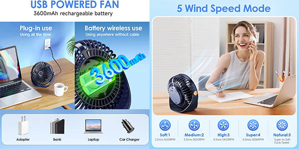 Ventilador de escritorio Mubarek de 5 velocidades con carga USB
