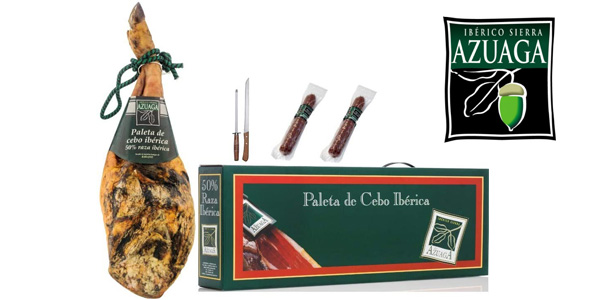 Lote Azuaga Paleta Cebo 50% Ibérica de 4,5 a 5 kg + Chorizo + Salchichón Ibéricos + Cuchillo + Afilador barato en Amazon