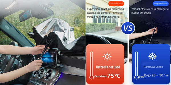 Parasol delantero plegable tipo paraguas con protección UV para el coche