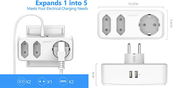 Enchufe múltiple 5 en 1 JSVER con 3 tomas y 2 puertos USB