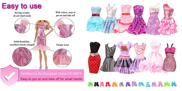 Pack x12 Vestidos + 10 pares de zapatos para Barbie barato en Amazon