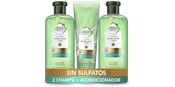 Pack x2 Champús Herbal Essences Sin Sulfatos Aloe Puro y Hemp de 380 ml + Acondicionador de 275 ml barato en Amazon