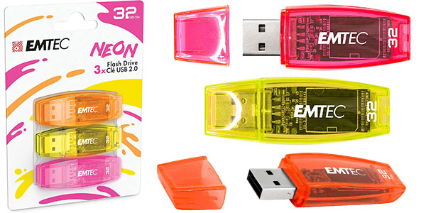 Chollo Pack de 3 pendrives Emtec Neon USB 2.0 de 32 GB