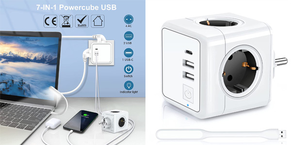 Enchufe ladrón Cubo 7 en 1 con interruptor, 4 tomas de corriente, 2 USB y 1 USB-C barato en Amazon