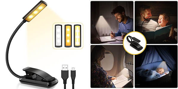 Luz LED de lectura TeamPD recargable con pinza y 3 modos de luz