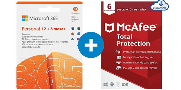 ▷ Chollo Suscripción Microsoft 365 Personal 12+3 Meses + McAfee Total  Protection 2022 para PC o Mac por sólo 50,99€ (-68%)