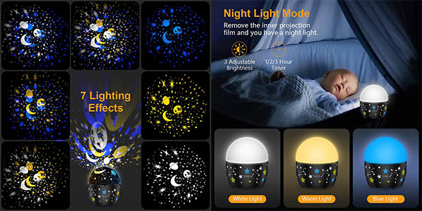 Proyector LED infantil Gritin con 7 colores y luz nocturna