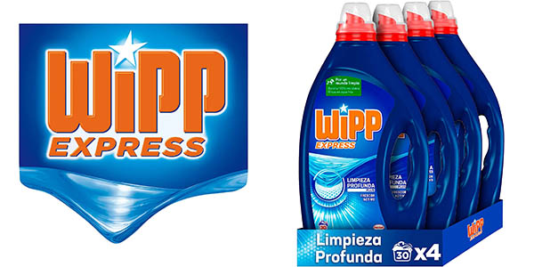 ▷ Chollo Pack x4 Wipp Express detergente a máquina líquido gel azul de 30  lavados (120 lavados total) por sólo 27,93€ (-27%)