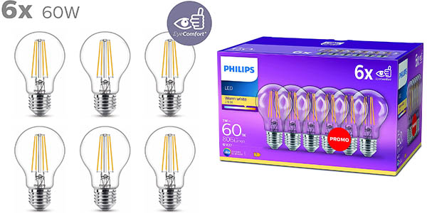 Pack 6 bombillas Philips LED Classic de 60 W y casquillo E27