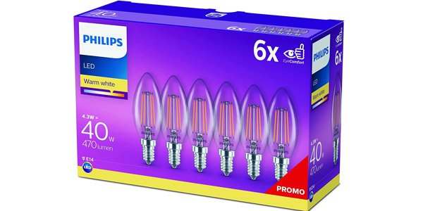 Caja x6 Bombillas Philips LED Classic E14 y 4 W barata en Amazon