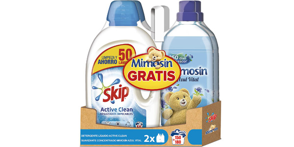 Pack x2 Detergentes líquidos Skip Active Clean 50 lavados + 2 Suavizantes Mimosin Azul Vital 60 lavados barato en Amazon