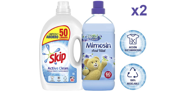 Pack x2 Detergentes líquidos Skip Active Clean 50 lavados + 2 Suavizantes Mimosin Azul Vital 60 lavados en Amazon