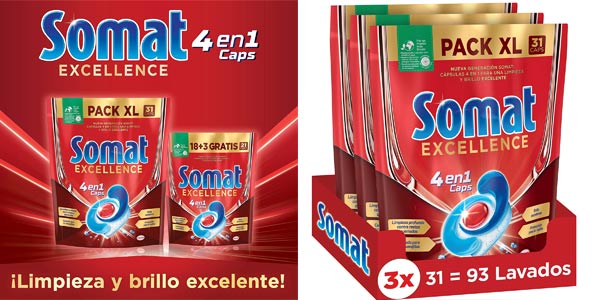 Pack x93 Cápsulas de detergente para lavavajillas Somat Excellence 4en1 Caps barato en Amazon