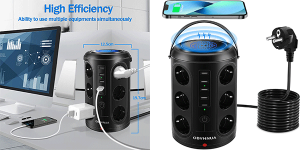 Chollo Regleta vertical Obvhnua 18 en 1 con 12 enchufes, 4 USB, USB-C y cargador inalámbrico