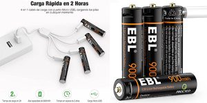 Chollo Pack de 4 pilas AAA EBL de 600 mAh recargables con cable USB cuádruple
