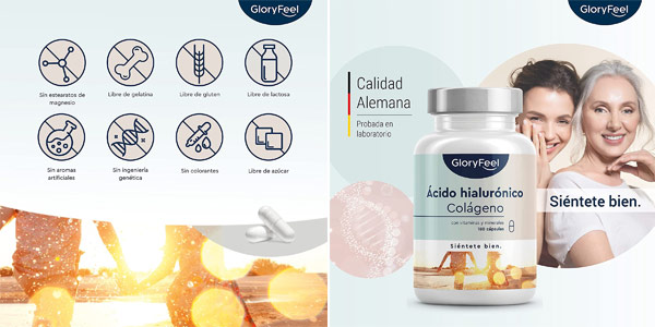 Envase x180 Cápsulas Colágeno + Ácido hialurónico GloryFeel con vitaminas y minerales en Amazon