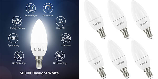 Pack 6 bombillas LED Linkind E14 con forma de vela