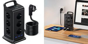 Regleta vertical BETSK con 12 enchufes y 3 USB