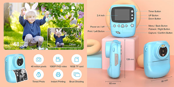 Cámara de fotos y vídeo DioKiw para niños con microSD de 16 GB y papel de impresión barata