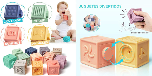 Pack x12 Bloques de construcción blanditos para bebés + 2 mordedores baratos en Amazon