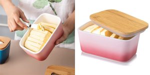 Mantequillera de porcelana Candiicap con tapa de madera hermética barata en Amazon