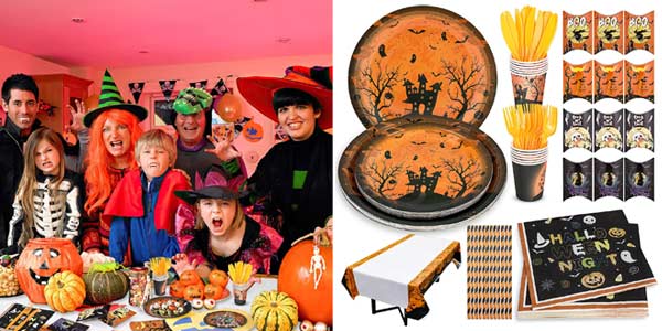 Set x105 Piezas de Vajilla y decoraciones de mesa para Halloween barato en Amazon