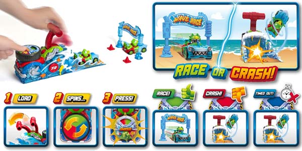 Pista de coches de juguete con lanzador interactivo T-RACERS Wave Race + piloto y coche exclusivo en Amazon
