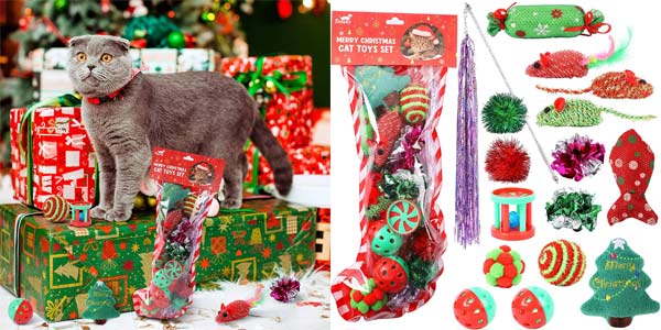 Set x16 Juguetes para Gatos Toozey con diseños navideños barato en Amazon