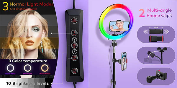 Trípode con anillo de Luz LED RGB DEEFSOUL para smartphone