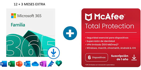 ▷ Chollo Microsoft 365 Familia 15 meses para 6 personas (6 PC o Mac,  tabletas y móviles) + McAfee Total Protection por sólo 55,99€ (-69%)