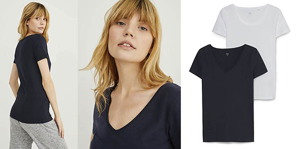 ▷ Chollo Pack x2 Camisetas de manga corta C&A con cuello de pico para mujer por 7,99€ con cupón descuento (-50%)
