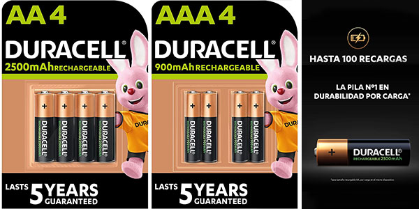 ▷ Chollo Pack Duracell de pilas recargables con 4 AA de 2.500 mAh y 4 AAA  de 900 mAh por sólo 18,11€ (-52%)