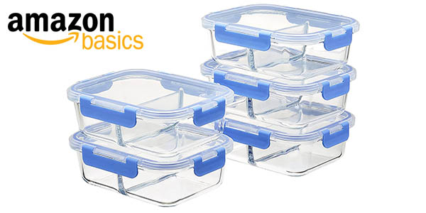 Pack x5 Recipientes de cristal AmazonBasics con 2 compartimentos y tapa