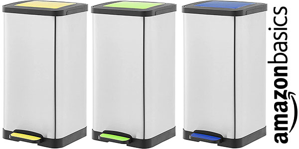 Chollo Pack Amazon Basics de 3 cubos de basura y reciclaje de 15 litros 
