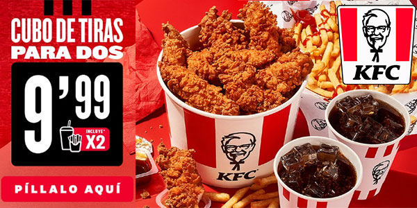 ▷ Chollo Cubo de tiras de pollo KFC para 2 con bebidas y patatas por sólo  9,99€