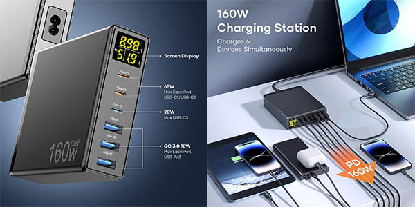 Cargador GaN Ganquick de 160W PD 3.0 con 3x USB y 3x USB-C