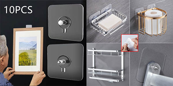Pack x10 Ganchos adhesivos transparentes de acero inoxidable