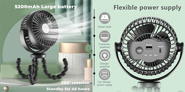 Mini ventilador PDQ recargable con soporte flexible