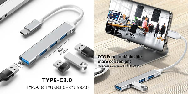 Hub USB-C con 4 puertos USB 3.0 y OTG