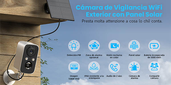 Cámara de vigilancia WiFi con panel solar para exterior