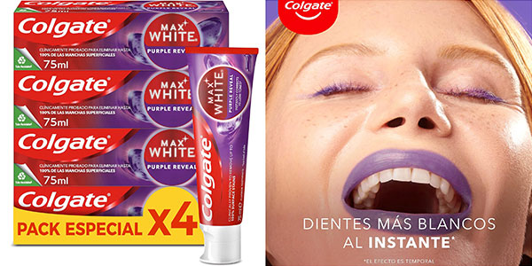 Chollo Pack x4 Dentífrico blanqueador Colgate Max White Purple Reveal 